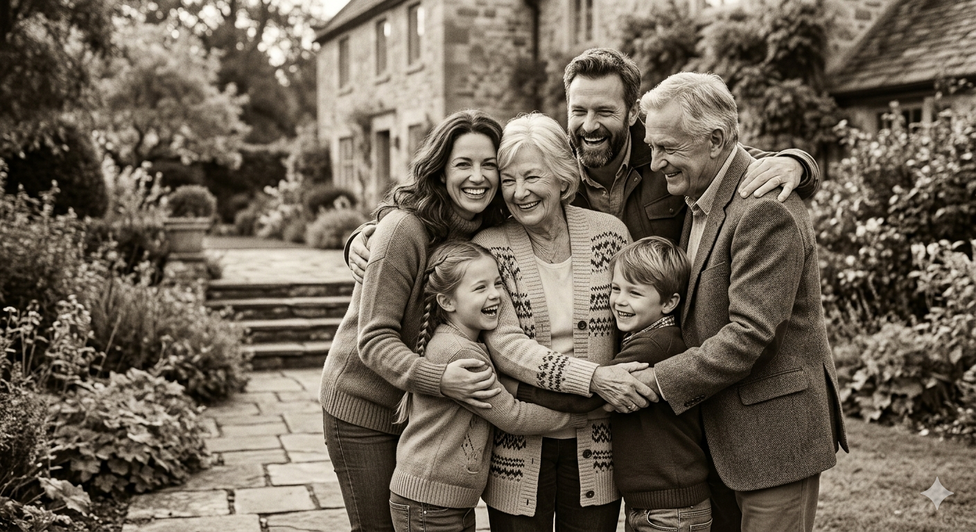 A multigenerational family laughing together outdoors